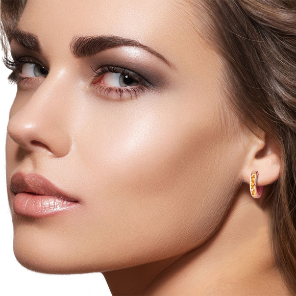 14K. SOLID GOLD OVAL HUGGIE EARRING WITH CITRINES (Rose Gold) - Picture 3 of 3